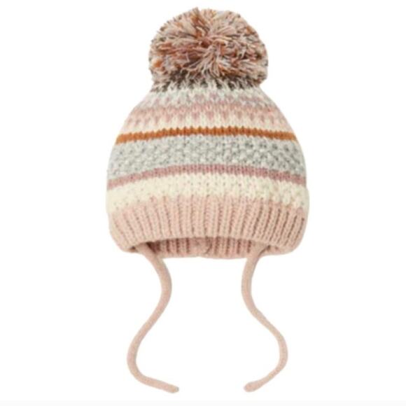 Zara Baby Accessories Knitted Pom Pom Hat Beanie Cap Tie Neck Neutral Colors - Picture 1 of 7
